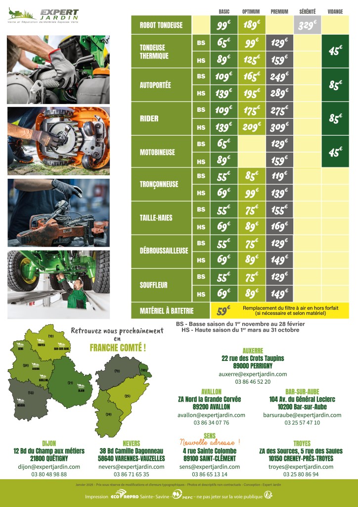 Tarifs entretiens - Expert Jardin - Vente et Réparation de Matériels Espaces Verts