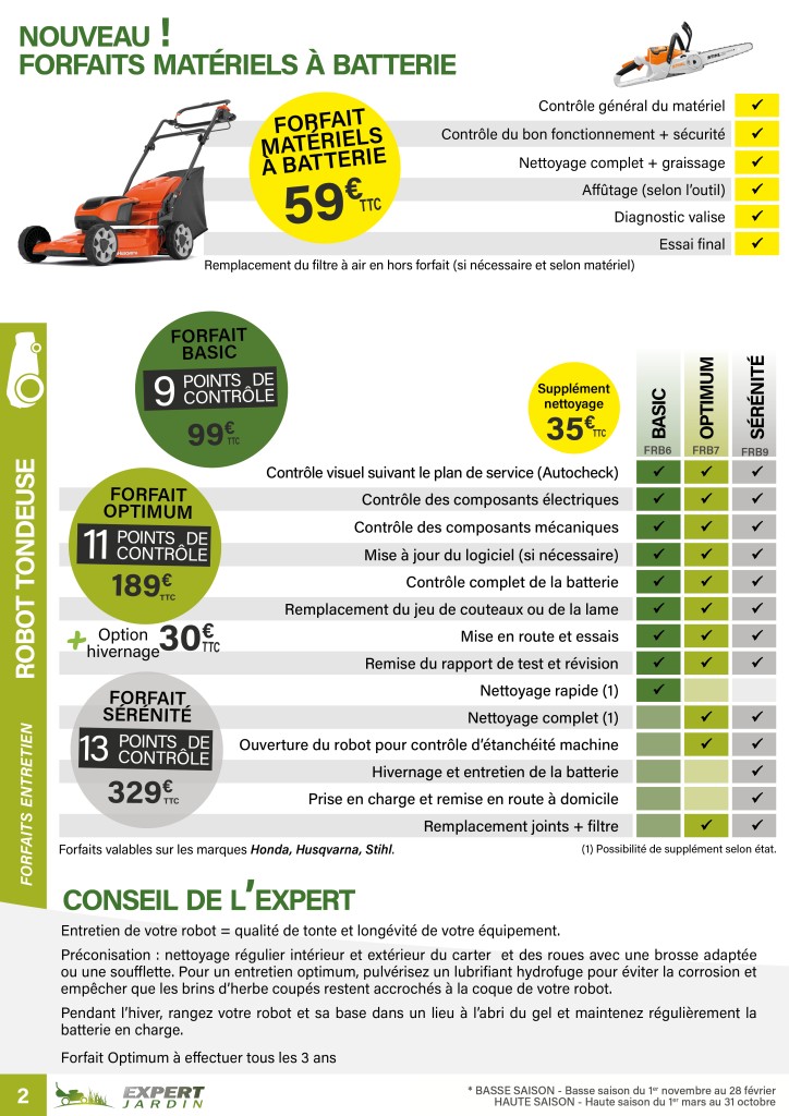 Forfaits entretiens robot - Expert Jardin - Vente et Réparation de Matériels Espaces Verts