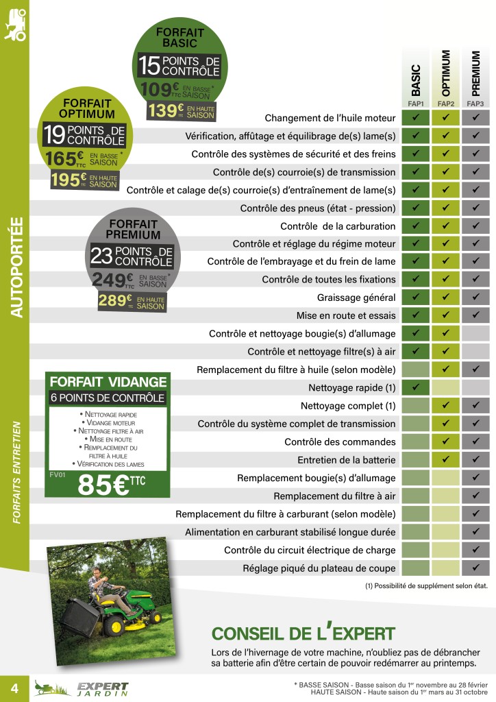 Forfaits entretiens autoportée - Expert Jardin - Vente et Réparation de Matériels Espaces Verts